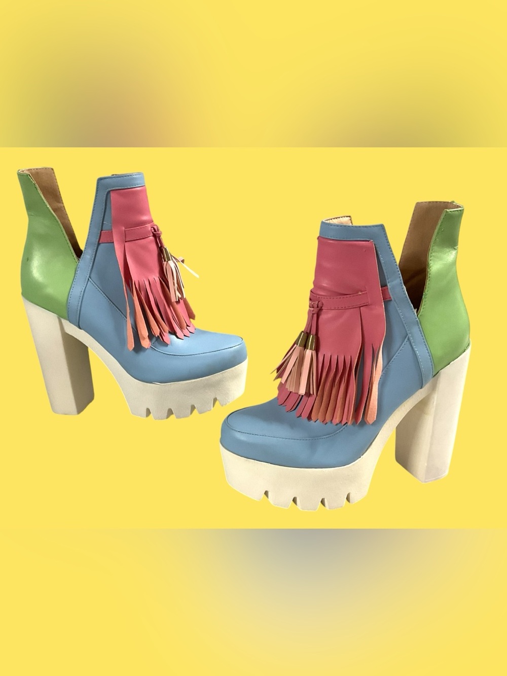 Azalea Wang "Story" Platform Booties w/Fringe Platform Blue/Pink/Green Size 6